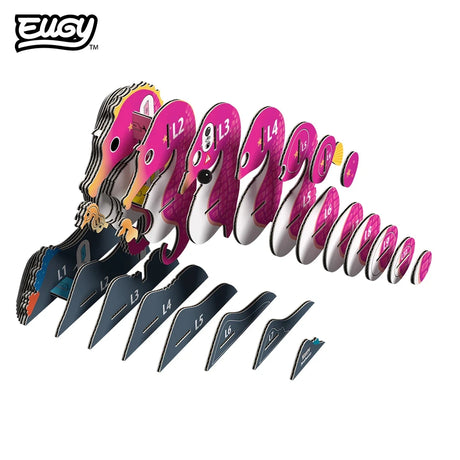 EUGY Seahorse 141 exploded assembly illustration showing individually numbered pink seahorse body pieces and dark blue cardboard base layers