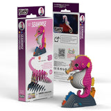 EUGY Seahorse 141 cardboard model kit showing the front and back of the retail packaging beside the assembled pink seahorse model
