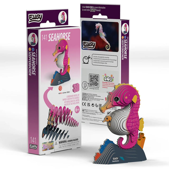 EUGY Seahorse 141 cardboard model kit showing the front and back of the retail packaging beside the assembled pink seahorse model