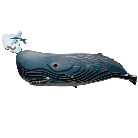 Completed EUGY Sperm Whale 3D cardboard model featuring layered blue body, textured surface and water spout element
