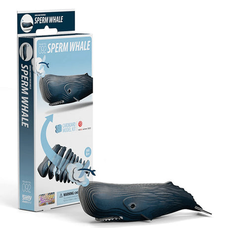 Boxed EUGY Sperm Whale 3D Model Kit with illustrated blue whale design and numbered cardboard layers shown on the front
