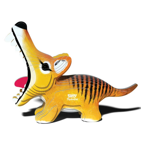 Completed EUGY Tasmanian Tiger 3D cardboard model with open mouth, black stripes and yellow-orange body