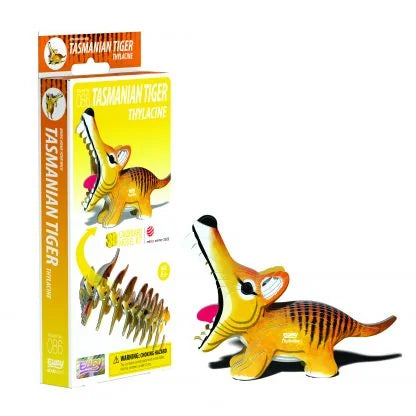 Boxed EUGY Tasmanian Tiger 3D Cardboard Model Kit showing striped yellow thylacine design and eco packaging