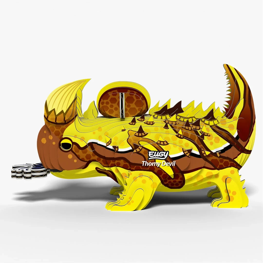 EUGY Thorny Devil left side view showing yellow and brown markings and raised tail