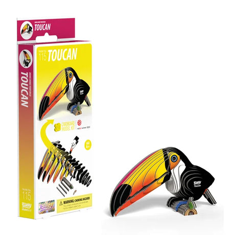Boxed EUGY Toucan 3D Cardboard Model Kit featuring bright yellow, orange and black toucan design with eco packaging