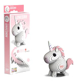Boxed EUGY Unicorn 3D Cardboard Model Kit showing pink and white unicorn artwork and eco-friendly packaging