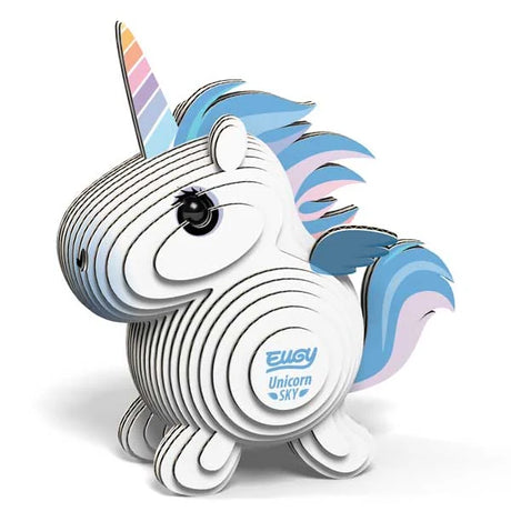 Completed EUGY Unicorn Sky 3D cardboard model with pastel blue mane, pink tail and rainbow striped horn