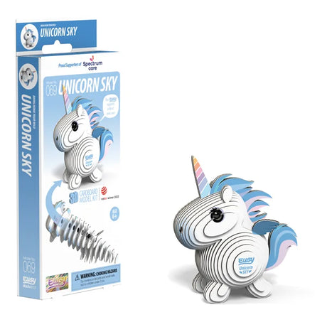 Boxed EUGY Unicorn Sky 3D Cardboard Model Kit featuring pastel blue and pink unicorn design with eco packaging