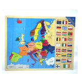 Europe Map & Flags Puzzle shown from the front with map pieces, flags panel and age label in the corner