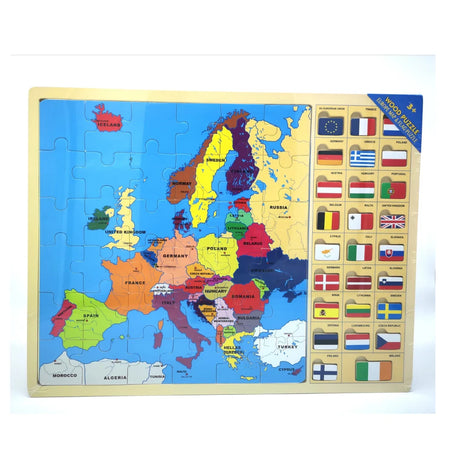 Europe Map & Flags Puzzle shown from the front with map pieces, flags panel and age label in the corner