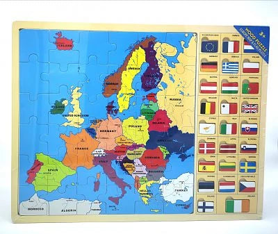 Europe Map & Flags Puzzle shown from the front with Europe map pieces and flags panel on the right