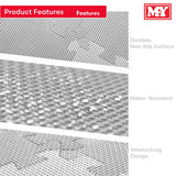 Product features graphic showing three close ups of grey EVA foam mat surface and interlocking edge, with “Product Features” header, MY logo, and text “Durable, Non-Slip Surface”, “Water- Resistant”, and “Interlocking Design”