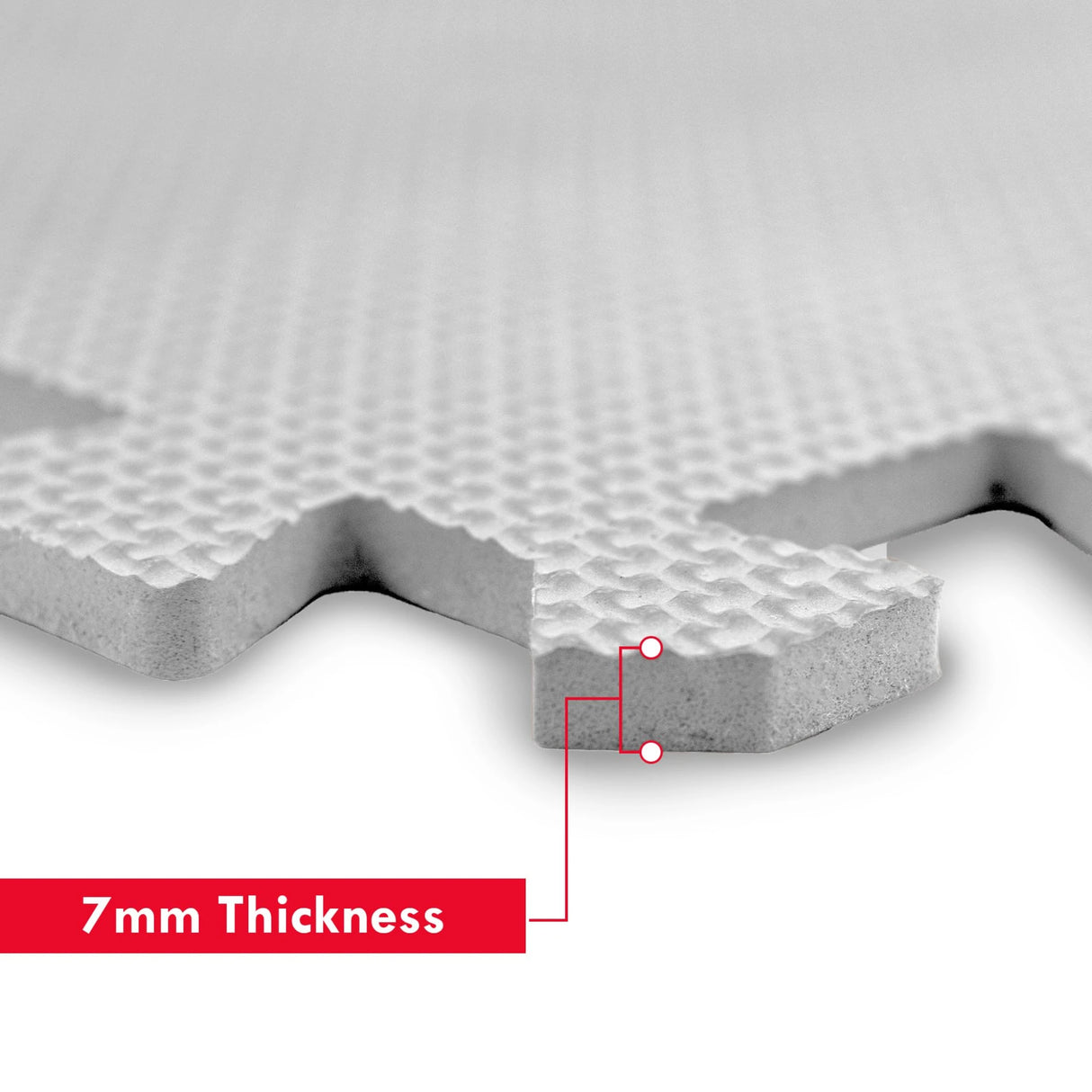 Close up of grey EVA foam play mat edge showing interlocking tab detail and 7mm thickness label graphic