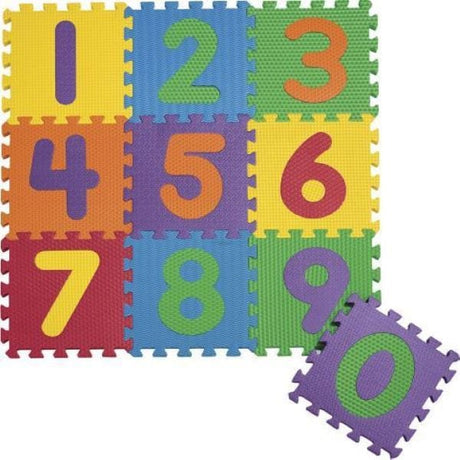 EVA foam number puzzle mats displaying interlocking square tiles with raised numbers on a textured surface