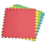 Eva puzzle mats 4 pack layered foam play mats with red top mat and visible yellow green and blue interlocking pieces beneath