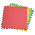 Eva puzzle mats 4 pack stacked with red mat on top and interlocking foam edges visible, yellow green and blue mats layered behind