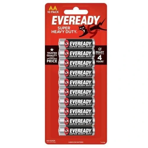 Eveready Super Heavy Duty AA 10 Pack carbon zinc batteries in red packaging with ten black and silver batteries