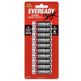 Eveready Super Heavy Duty AA 10 Pack carbon zinc batteries in red packaging with ten black and silver batteries