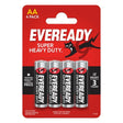 Eveready Super Heavy Duty AA 4 Pack carbon zinc batteries in red packaging with four black and silver batteries