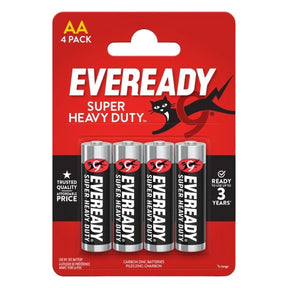 Eveready Super Heavy Duty AA 4 Pack carbon zinc batteries in red packaging with four black and silver batteries