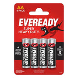 Eveready Super Heavy Duty AA 4 Pack carbon zinc batteries in red packaging with four black and silver batteries