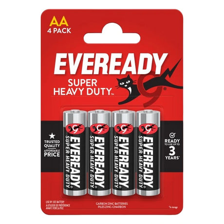 Eveready Super Heavy Duty AA 4 Pack carbon zinc batteries in red packaging with four black and silver batteries