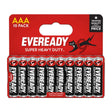 Eveready Super Heavy Duty AAA 10 Pack carbon zinc batteries in red packaging with ten black and silver batteries