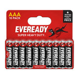 Eveready Super Heavy Duty AAA 10 Pack carbon zinc batteries in red packaging with ten black and silver batteries