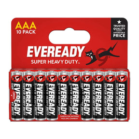 Eveready Super Heavy Duty AAA 10 Pack carbon zinc batteries in red packaging with ten black and silver batteries