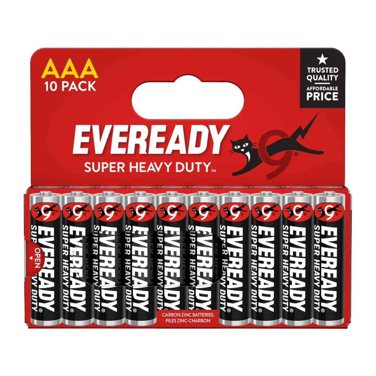 Eveready Super Heavy Duty AAA 10 Pack carbon zinc batteries in red packaging with ten black and silver batteries