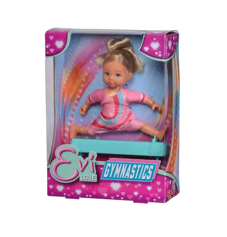 Evi Love Gymnast Doll in retail packaging posed on a blue balance beam – Ireland