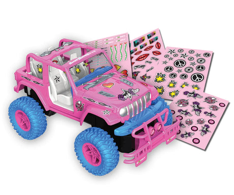 Pink Exost Jeep shown with sticker sheets and open roof – Ireland