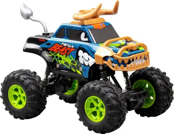 Exost Mega Beast RC car with orange jaw front, orange horns and large black tyres with green wheels
