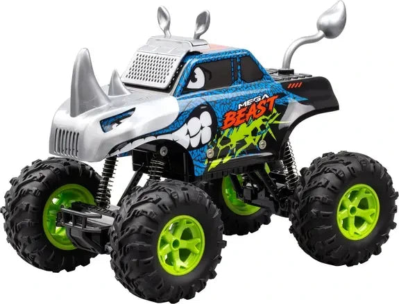 Exost Mega Beast RC car with silver horn front, silver mirrors and large black tyres with green wheels