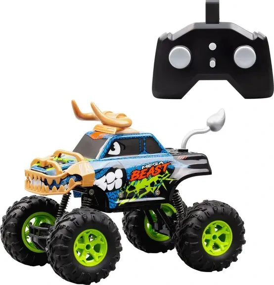 Exost Mega Beast RC car with orange jaw and horn accessories beside black remote controller