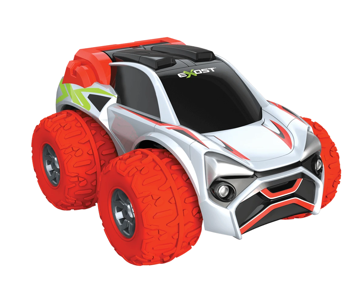 Exost Xtreme Buster RC car front angle view showing white body, red tyres and roof detail