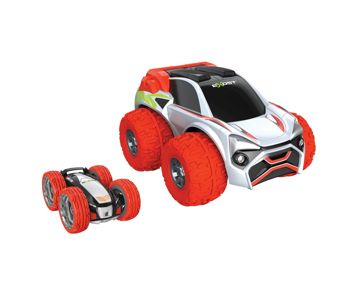 Exost Xtreme Buster RC car shown with Mini Flip stunt car beside it