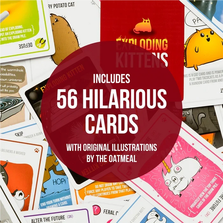 Exploding Kittens Original Edition illustrated playing cards spread across a surface, with a central graphic stating 56 cards with original illustrations by The Oatmeal.
