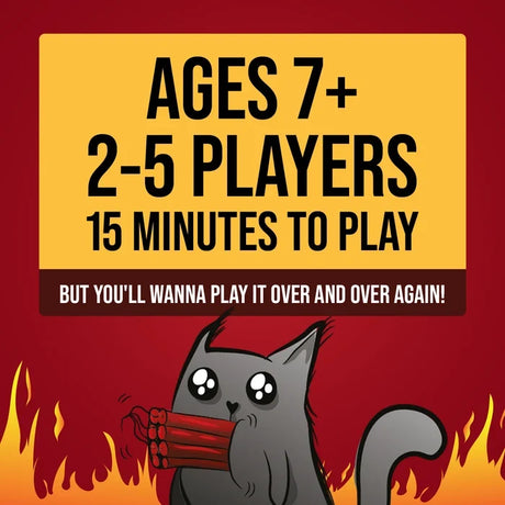Exploding Kittens Original Edition game details graphic showing ages 7+, 2 to 5 players and 15 minutes playing time, with a grey kitten holding dynamite.
