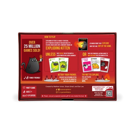 Back of the Exploding Kittens Original Edition game box showing illustrated playing cards, Defuse cards, game instructions and player information.