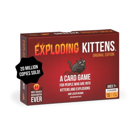Exploding Kittens Original Edition red game box viewed at an angle, showing the black kitten illustration, game title and age and player information.