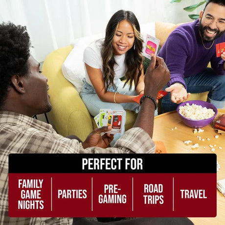 Three people playing Exploding Kittens around a table with cards in their hands and a bowl of popcorn, with a family nights, parties and travel promotional graphic.