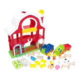 Farm playset with barn, tractor, trailer, fences, farmers, animals, and accessories on white background