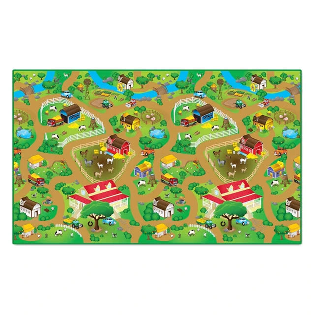 Full top view of the Farm Playmat 200 × 120 cm showing roads, farm buildings, fields, animals, ponds and countryside graphics