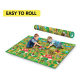Farm Playmat 200 × 120 cm shown laid flat with children playing and rolled up above it for storage