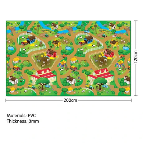 Farm Playmat showing the 200 × 120 cm dimensions, printed farm design and stated 3 mm thickness