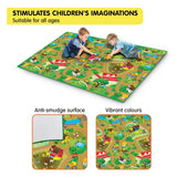 Farm Playmat 200 × 120 cm shown with children using the farm design and close views of the anti-smudge surface and printed colours