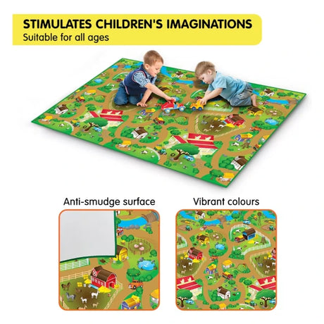 Farm Playmat 200 × 120 cm shown with children using the farm design and close views of the anti-smudge surface and printed colours
