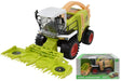 Silage forager farm toy with white cab, black tyres, red wheels and green front header, shown beside boxed farm harvester version
