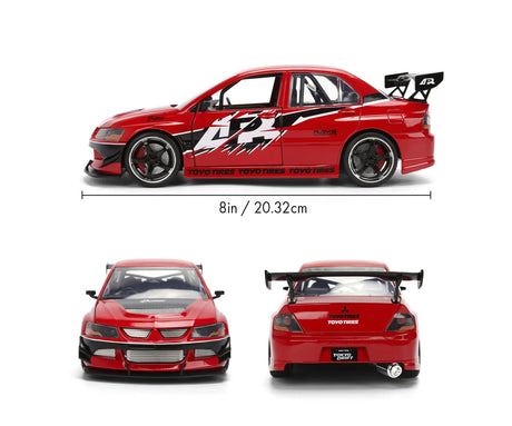 Fast & Furious Mitsubishi Lancer EVO IX dimensions graphic showing side, front and rear views of the red car with a length of 20.32 cm.